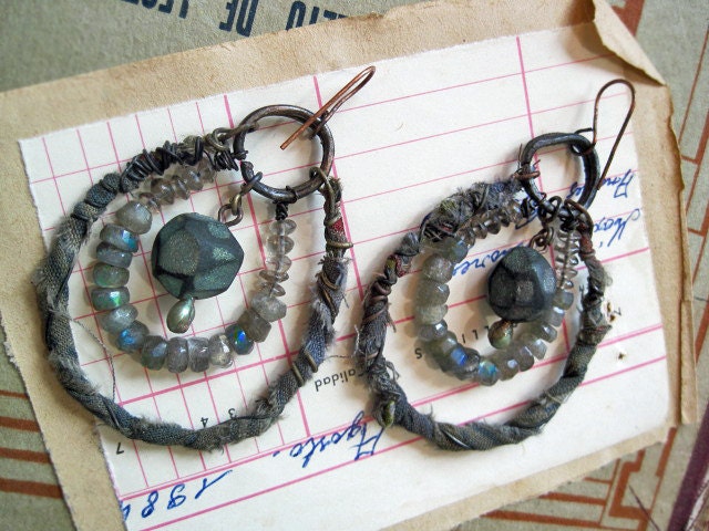 Extraterrestrial Diamonds.  Rustic Gypsy Labradorite Assemblage Earrings.