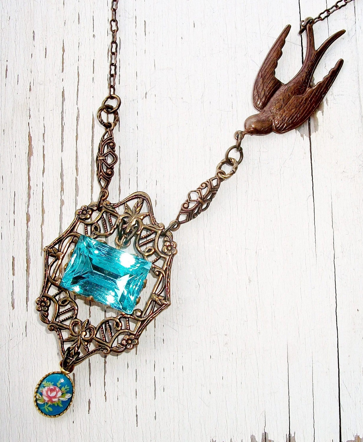Large VINTAGE Blue Glass Rhinestone NECKLACE with  Aged Brass - "Fly Away Home" - Vintage Components, One-of-a-Kind