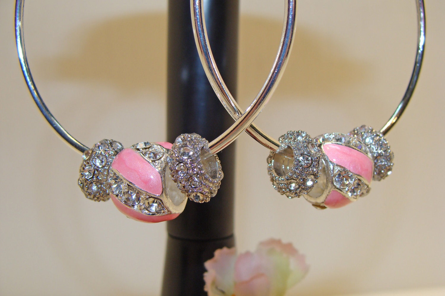 Pandora Style Beads Pink and Crystal Hoop Earrings