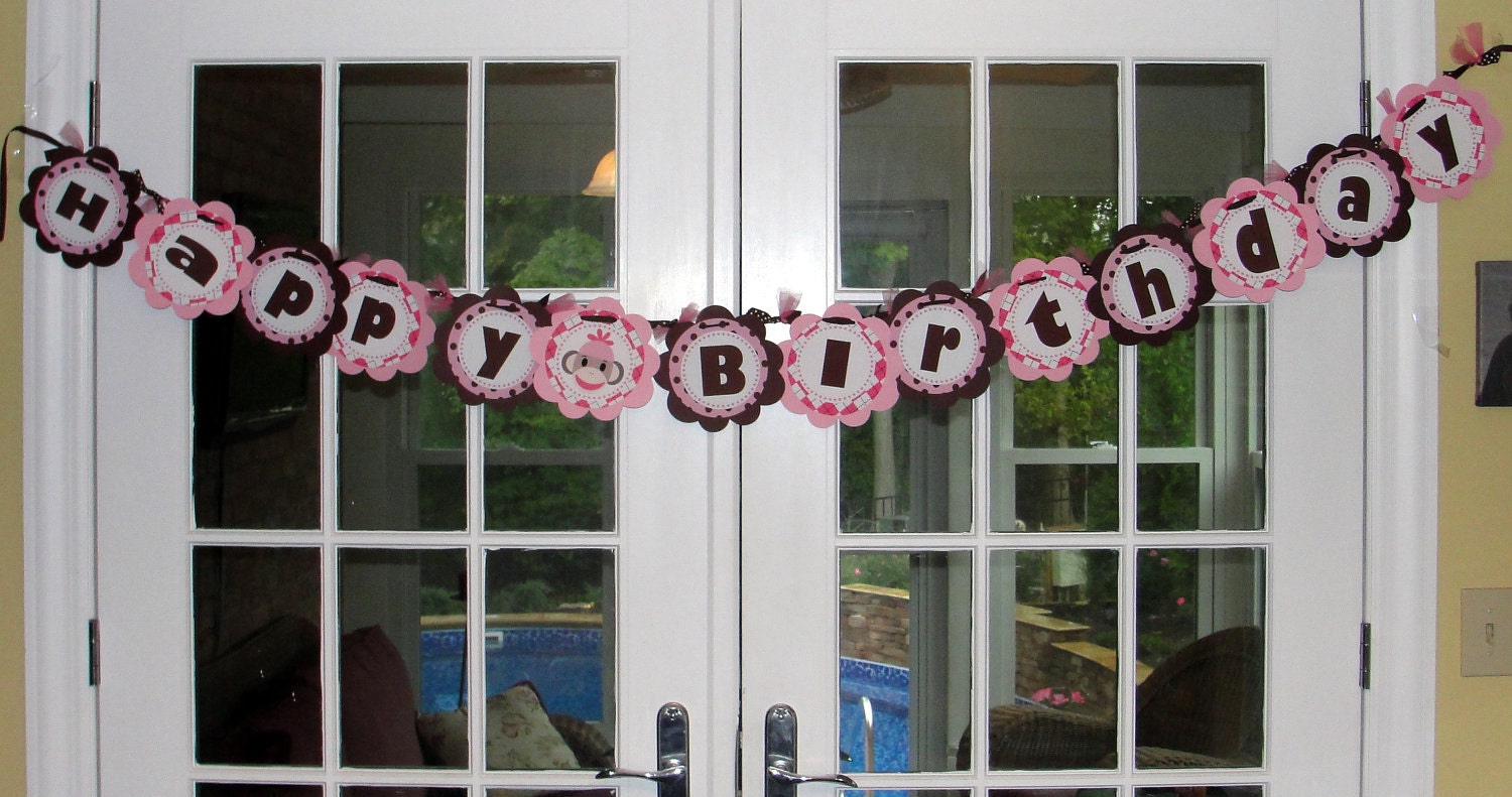 Personalized Girl Sock Monkey Happy  Birthday Banner