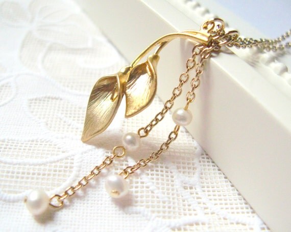 Necklace With Gold Floral Charm And Pearls, Calla Lily