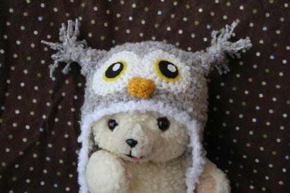 Crochet Fuzzy Light Gray Owl Hat (Newborn)