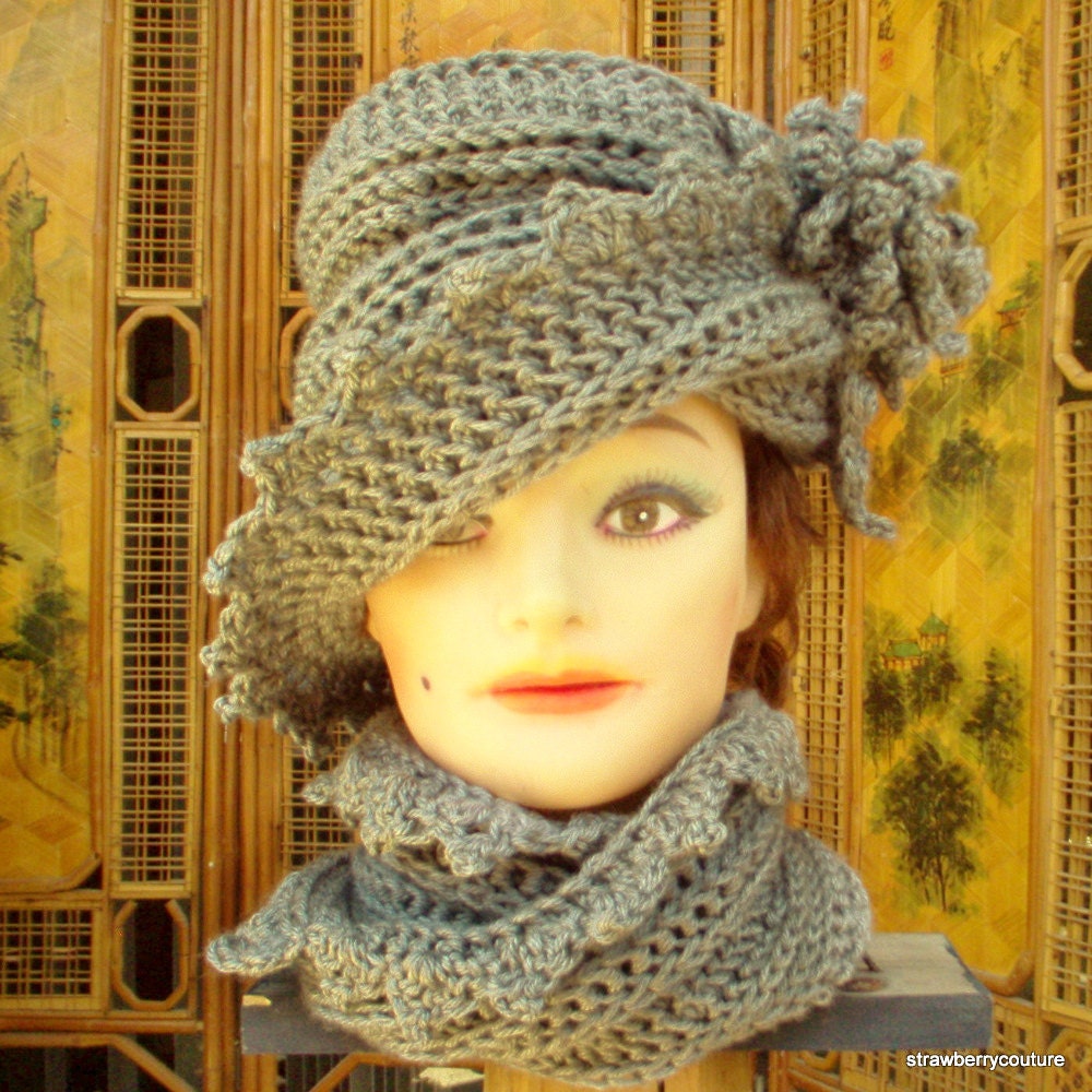 Womens Crochet Hat - Crochet Winter Hat With Infinity Scarf in Gray Made of Soft Acrylic Yarn Can Customize For Plus Size