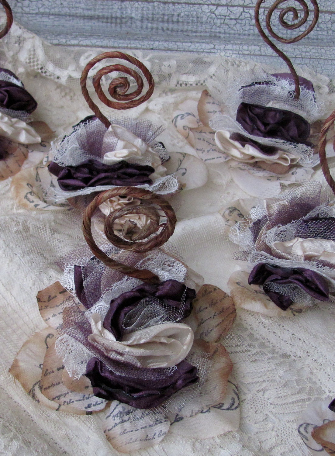 Fabric Hand stamped Flower Place Card Holder Plum and Ivory  Set of 10 by My Broken Art on Etsy