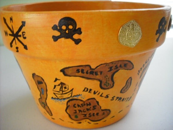 PIRATE TREASURE MAP Themed  Pot - Great for Holiday/Birthday Parties - Embellished with Real Metal Replica Coins - Treasury Item