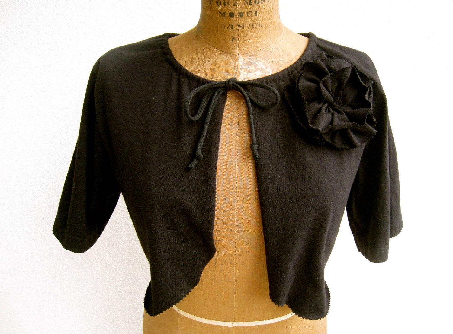 T Shirt Cardigan Shrug / Black / Drawstring / Women / M / Short Sleeve / Eco Friendly / Recycled Tee / Bolero / by ohzie