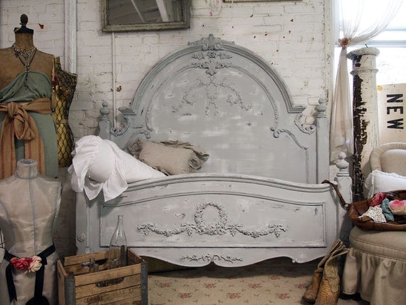 Painted Cottage Chic Shabby Dove Grey Queen Romance Bed