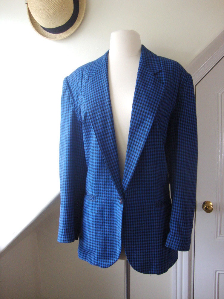 black and blue blazer in checker print / 1980s / l/xl