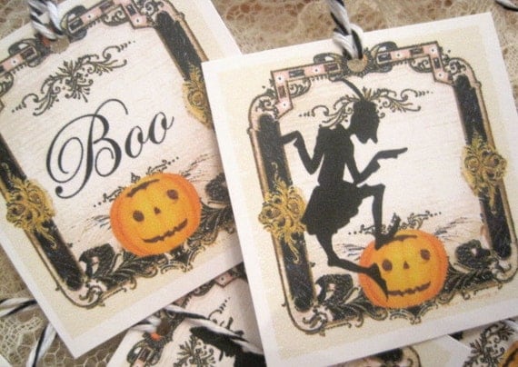 VINTAGE HALLOWEEN TAGS - Retro - Boo - Witches - Vampire - Bats - Cats - Pumpkins - Party Favor - Buy Three Get One Free