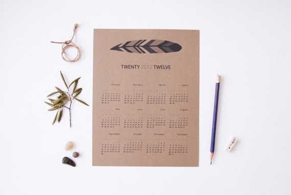 2012 Calendar - Feather illustration Kraft Paper. Wall calendar. 1 Page. Home office. Christmas gift. 8.5 x 11