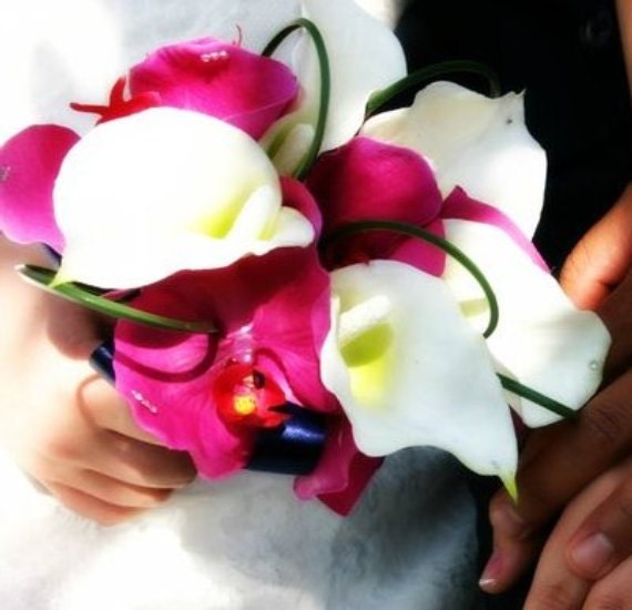 15pc Navy and Fuchsia Wedding Set Orchids Calla Lilies wtih Rhinestones 