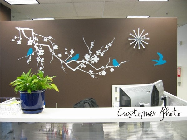 Wall Decal Cherry Blossom Branch (X-Large) with Birds - Vinyl Stickers Art