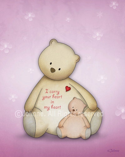 Nursery art prints, girls room decor, baby wall art set , elephant, teddy bears, I carry your heart, nursery art child decor