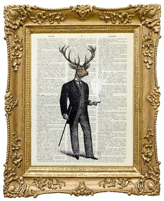 Deer Man -  ORIGINAL ARTWORK hand painted Mixed Media printed on Repurposed Vintage Dictionary page 8" x11"