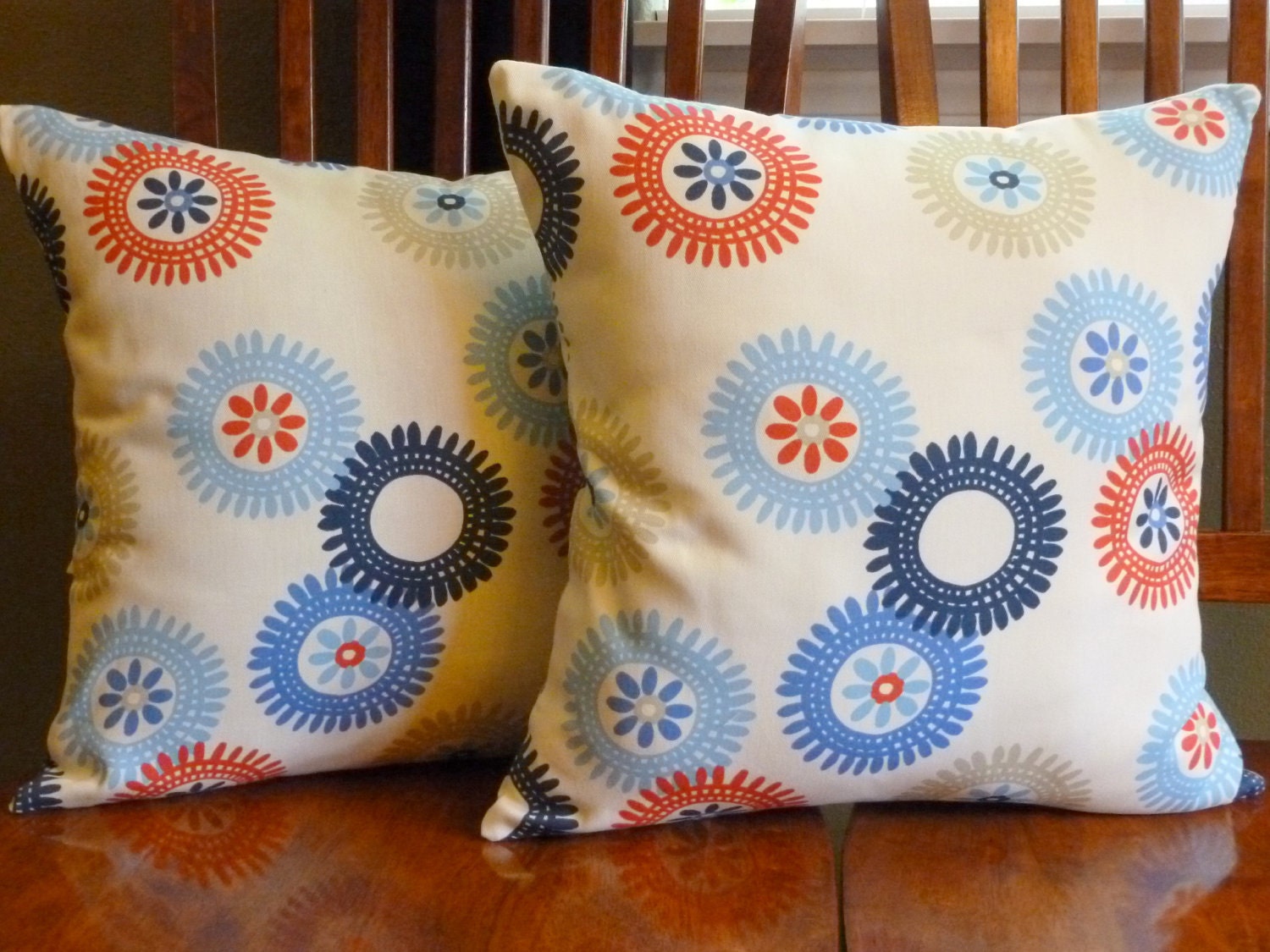 Accent Throw Pillow Covers - Two 18 Inch - Red, Off White and Blue