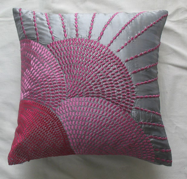 silver decorative throw pillow cover with pink circle embroidery 18 inch cushion cover
