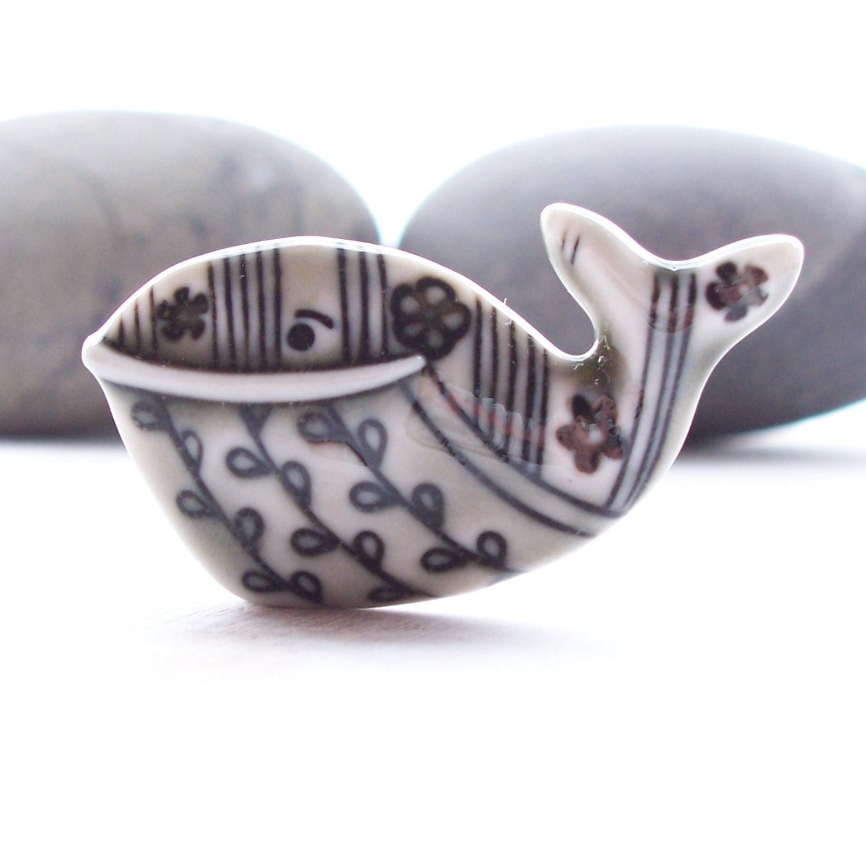 Whale Pin Brooch Warm Grey Glazed Handmade Porcelain