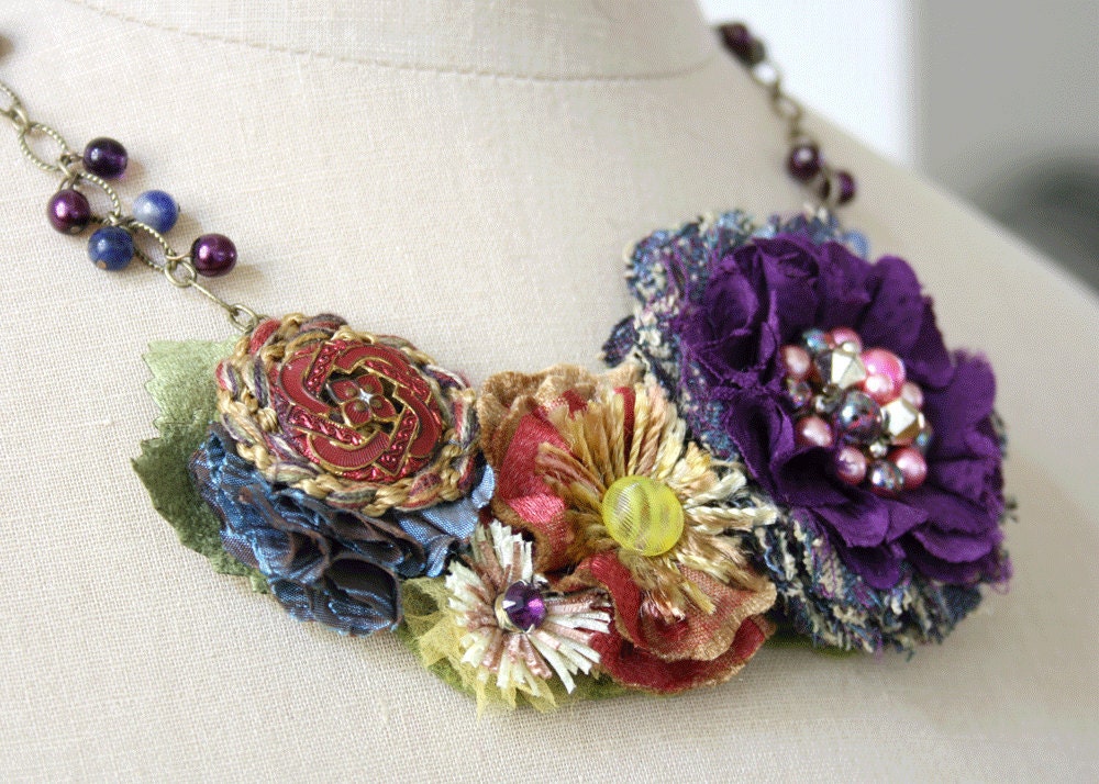 Flower Beaded Textile Statement Necklace in Colorful Jewel Tones