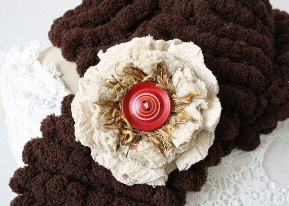 Textile Flower Pin Brooch in Winter White, Red and Gold