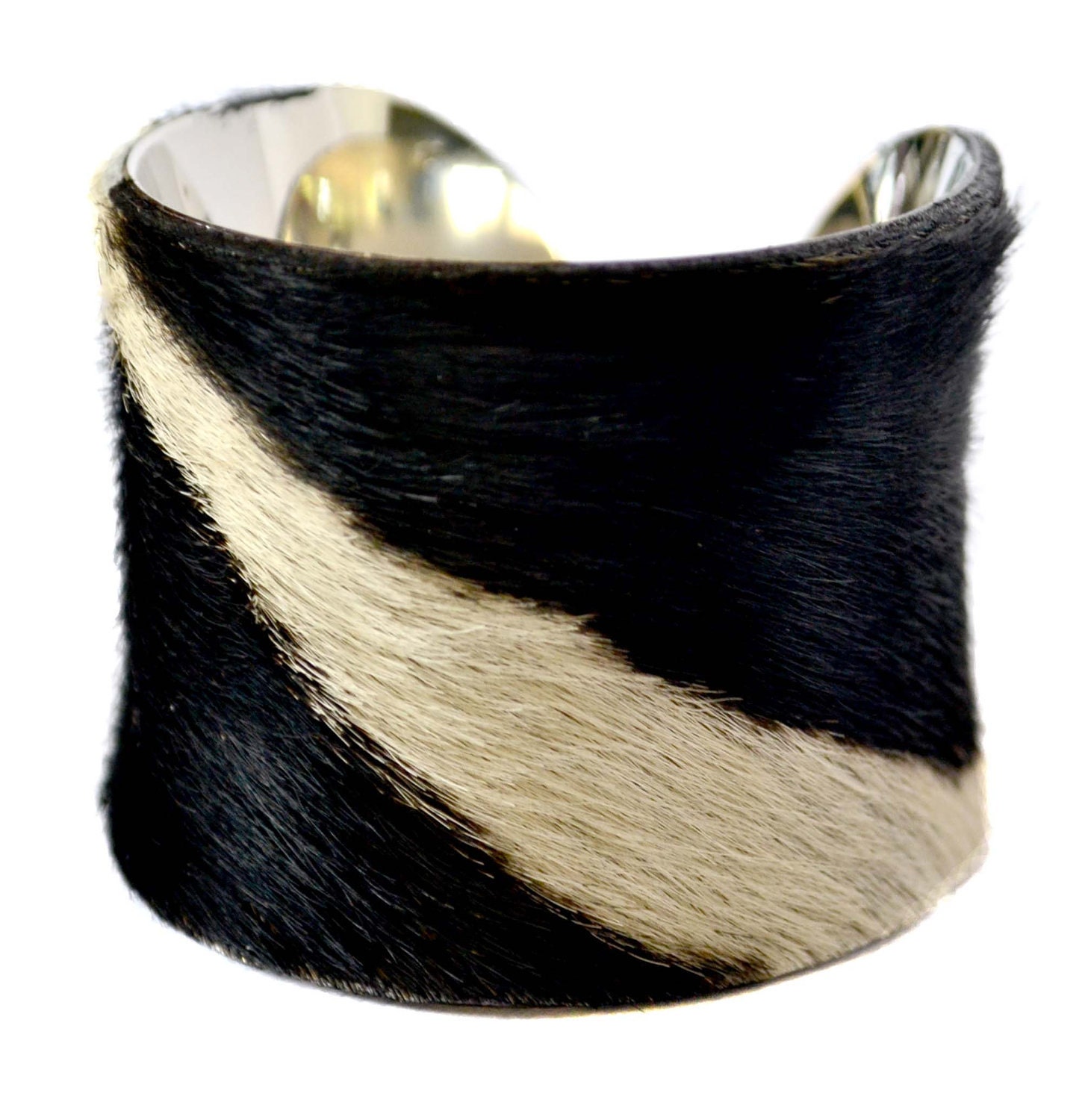 Black and White Streaked Calf Hair Cuff Bracelet - by UNEARTHED