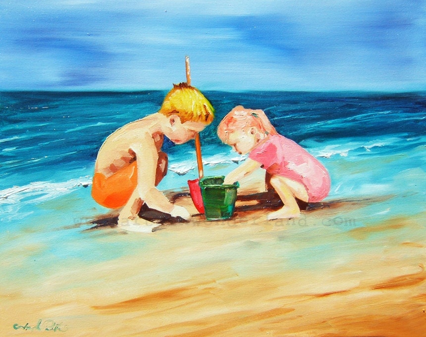 Weekend Chores Original Oil Impressionistic Kids On the beach Painting (impressionism) 11x14 Framed in Floater Ready to Hang Wall Art