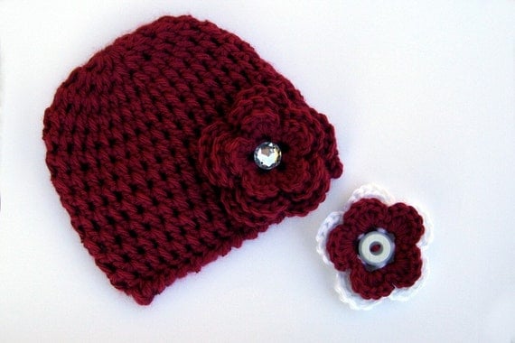 Crocheted Newborn Beanie Interchangeable Flowers Red