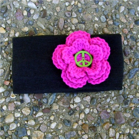 Winter Ear Warmer Black Headband Pink Flower Peace Sign