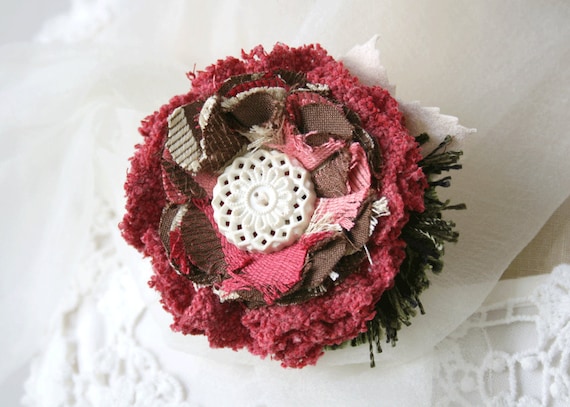 Shabby Chic Fabric Flower Pin Brooch in Raspberry Red, Chocolate and Ivory White