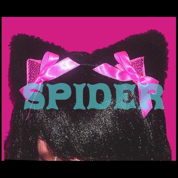 Meow Kitty Pink Bling Bling Kitty Ears  Headband Pink Bows Black Faux Fur Cat Ears