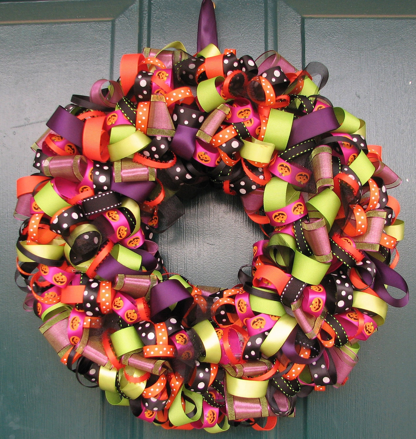 Fun, bright Halloween ribbon wreath.  SALE. Reduced Price.