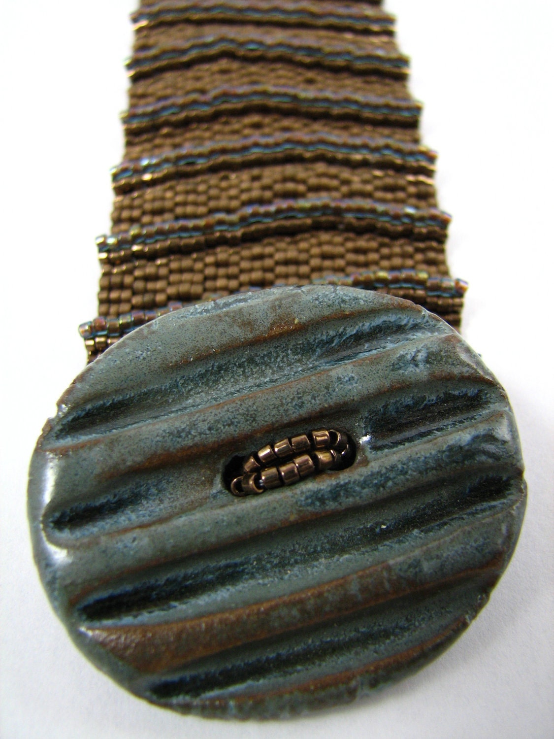 Ridged Transitions in Bronze and Aqua  Peyote Cuff / Peyote  Bracelet (2603) - A Sand Fibers Creation