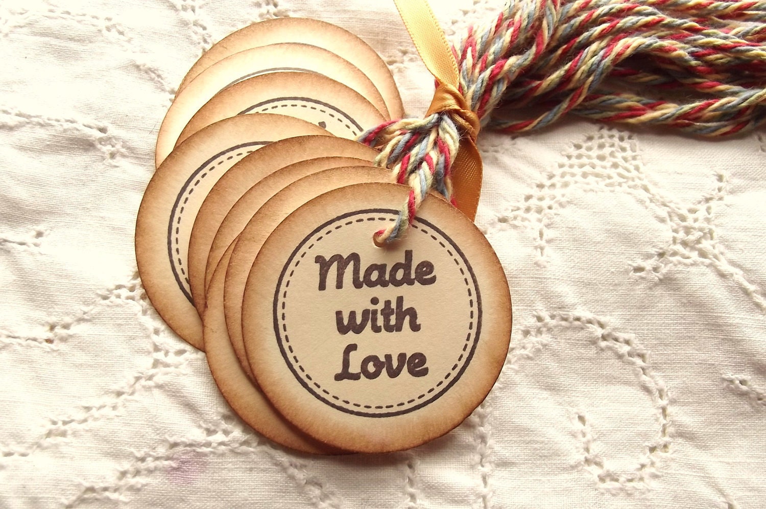 Made with Love Circle Hang Tags - Stitched Border, Colorful Cotton Twine, Brown, Vintage Feel 12