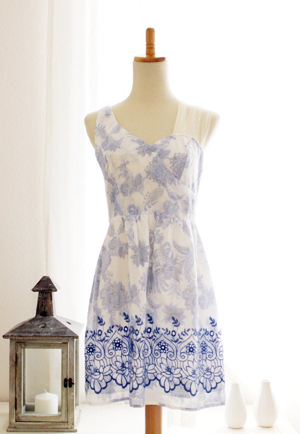 LE PETIT JARDIN - Asymmetrical Neckline Dress with Blue Floral Print, Embroidery and Romantic Long Draped Lace Panel