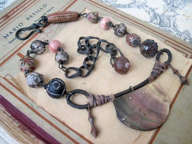 I Myself Have Gone Blind. Ceramic rounds and shell buckle rustic assemblage necklace.