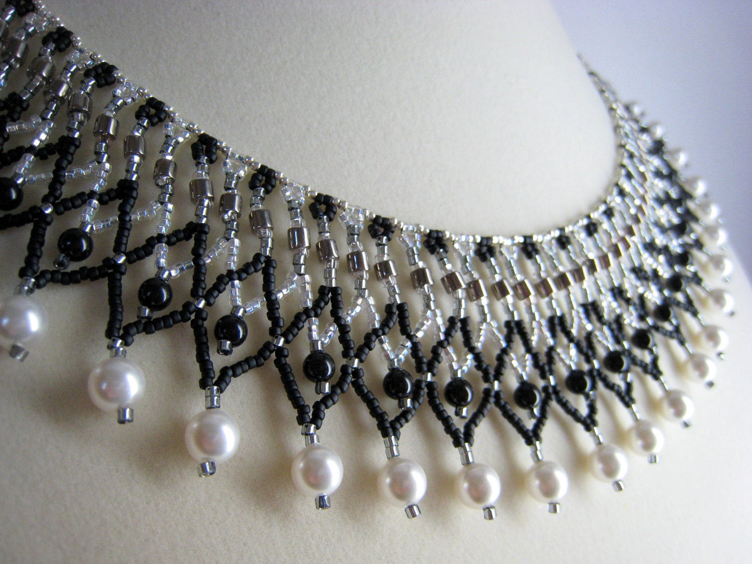 Beaded Collar Necklace, Black, White, Silver Netted Beadwork Jewelry