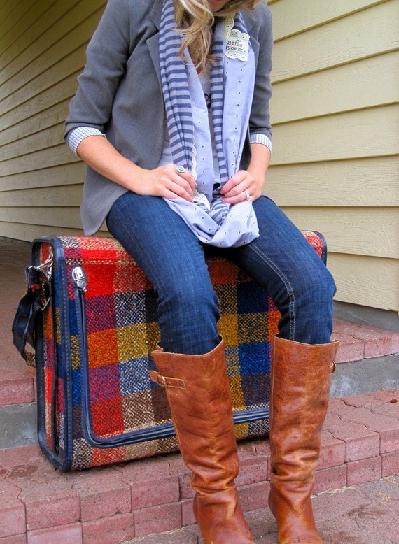 Heidi Beth Loopdy Scarf in charcoal striped jersey, hand dyed grey eyelet lace, & yellow vintage lace