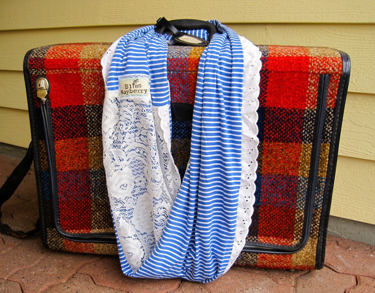 Heidi Beth Loopdy Scarf in upcycled white vintage lace, blue/white striped jersey, & vintage lace trim