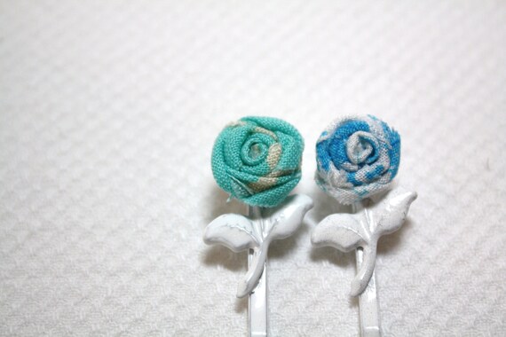 Tiniest Rose Bobby Pin Set- Turquoise and Aqua Floral and Fabric Roses on White Metal Bobby Pins with Leaves