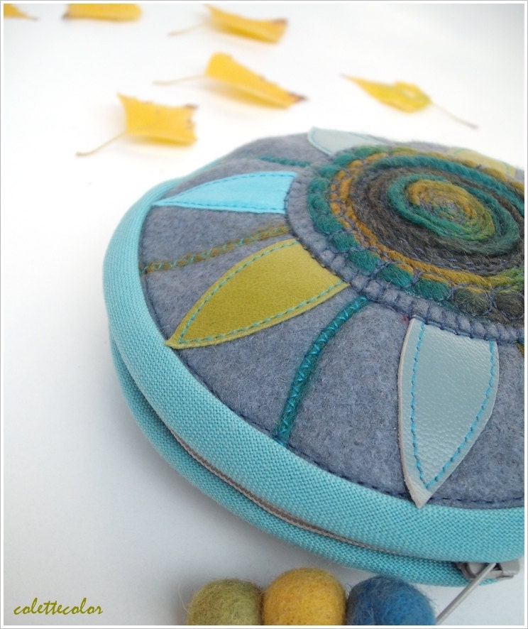 Sunflower circular unique ornamented zipper pouch grayish blue and turquoise colours