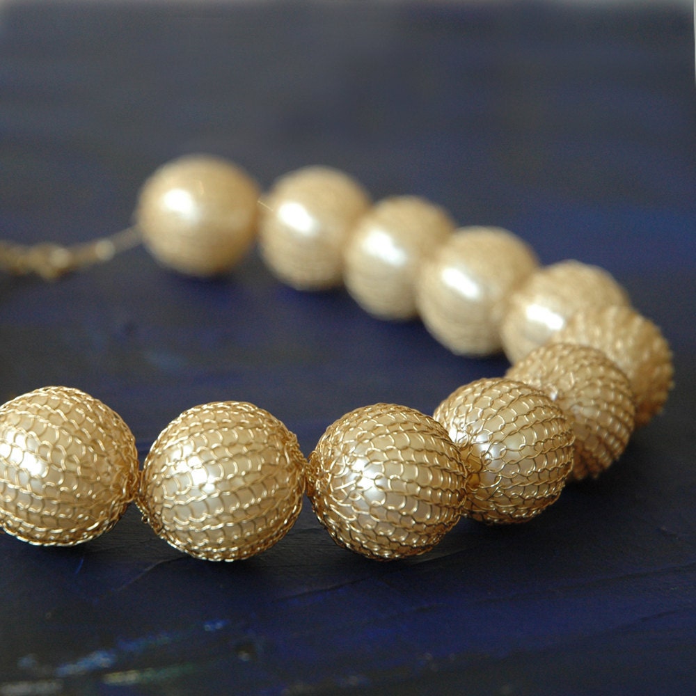Faux pearl necklace , crochet wire necklace, gold filled, ivory
