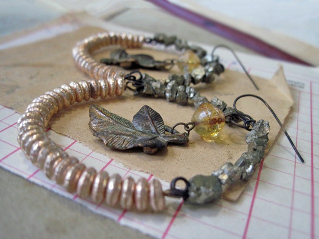 A Patient Labyrinth of Lines. Pyrite and Antique Puffy Sequin Hoop Earrings.