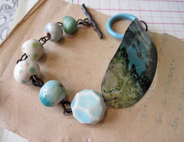 The Blue Dream of Sky. Ceramic Artisan Beads and Recycled Tin Bracelet.