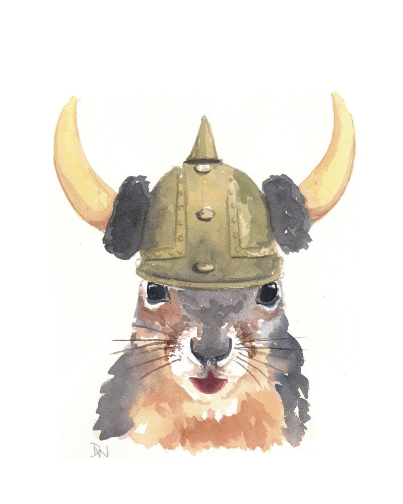 ORIGINAL Squirrel Watercolor Painting - Viking Squirrel No.2 8x10