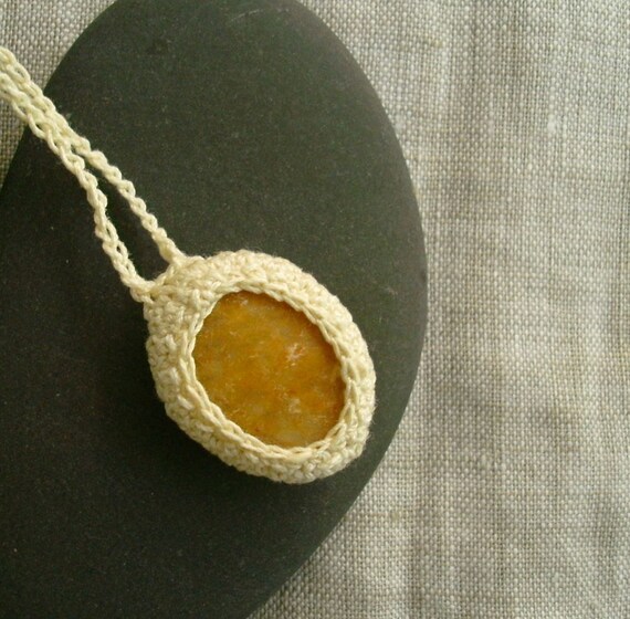 Natural Stone Necklace - Beach Stone Crochet Jewelry - Small Mustard Yellow Beach Stone - Beach Wedding Accessory OOAK