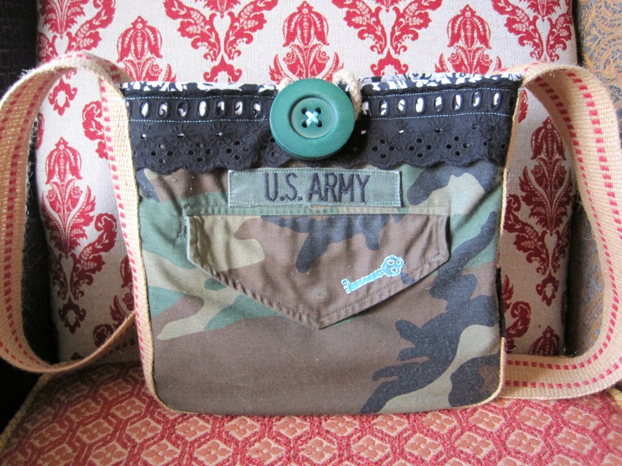 Leah Hip Bag in upcycled Army jacket, hand-stamped and stitched turquoise key, black lace, & damask print