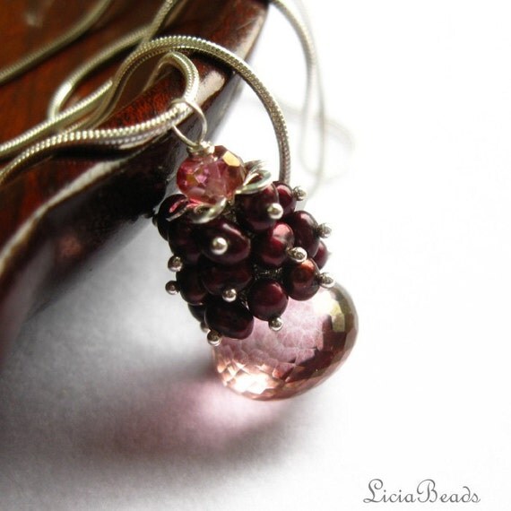 Raspberry Briolette, Pink Quartz and freshwater pearl cluster necklace