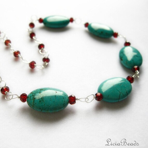 Turquoise and garnet gemstone wire wrapped chain necklace