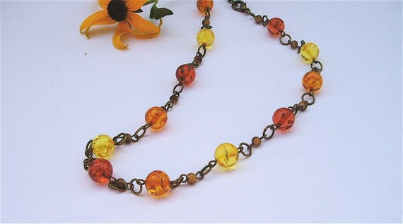 Bright Red, Orange, and Yellow Necklace - Glass Bead Necklace, 16"