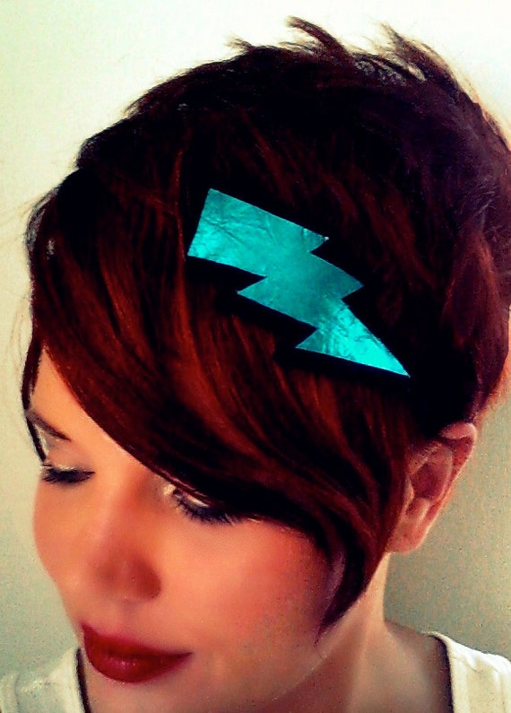 Lightning Bolt Headband Leather Metallic Blue Black Glam Punk Wizard Super Hero Turquoise Geekery handmade by sewZinski on Etsy