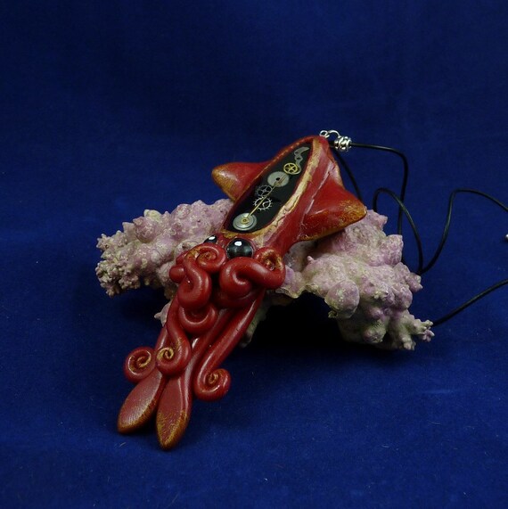 Gilded Steampunk Squid Necklace - Polymer Clay Jewelry Pendant
